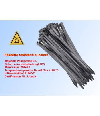 CV20025NEC | Fascette resistenti al calore Da -40 °C a +120 °C, nero 200x2,5 Termoresistenti.Confezione 100pcs.