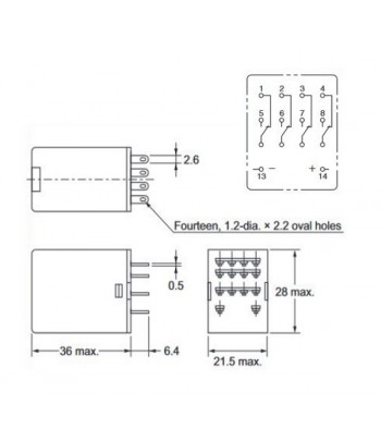 HYE41PN240AC |  Relè di potenza per uso generico, 4PCO, 5A, 240VAC, fino a 1,8VA, plug-in, LED e test / blocco manuale.